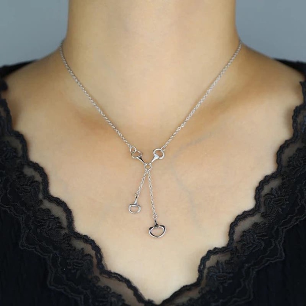 Women's Lucky Double Horseshoe Pendant Y-Shaped Silver Necklace Layering